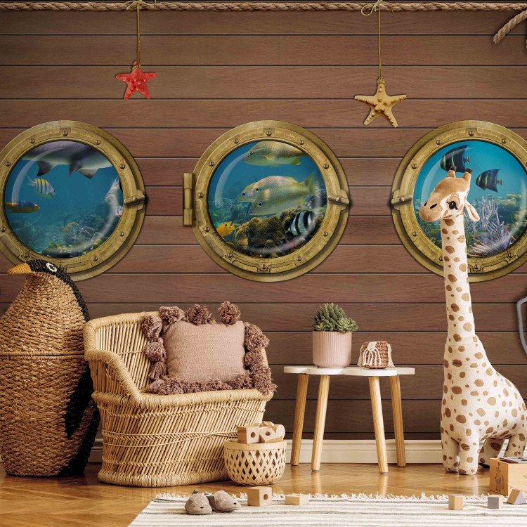 Photo Wallpaper Fish by the Bow - Illusion of a view of marine animals through a window on a boat 61258 additionalImage 3