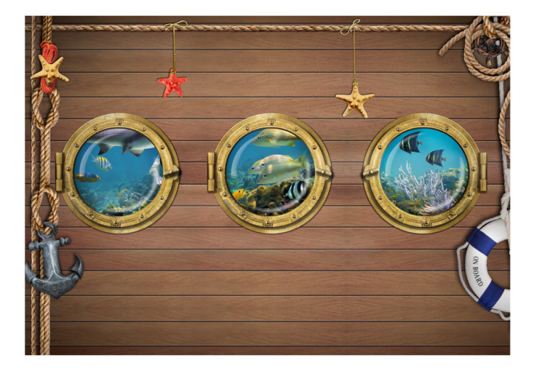 Photo Wallpaper Fish by the Bow - Illusion of a view of marine animals through a window on a boat 61258 additionalImage 1