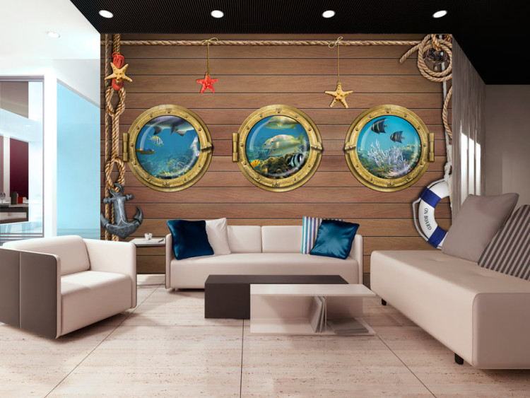 Photo Wallpaper Fish by the Bow - Illusion of a view of marine animals through a window on a boat 61258