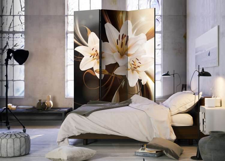 Room Divider Screen Circle of Light - white lilies against a backdrop of abstract brown light 95558 additionalImage 2
