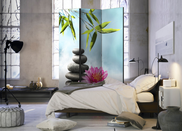 Folding Screen Water Lily and Spa Stones - gray stones and flower on blue background 97358 additionalImage 2