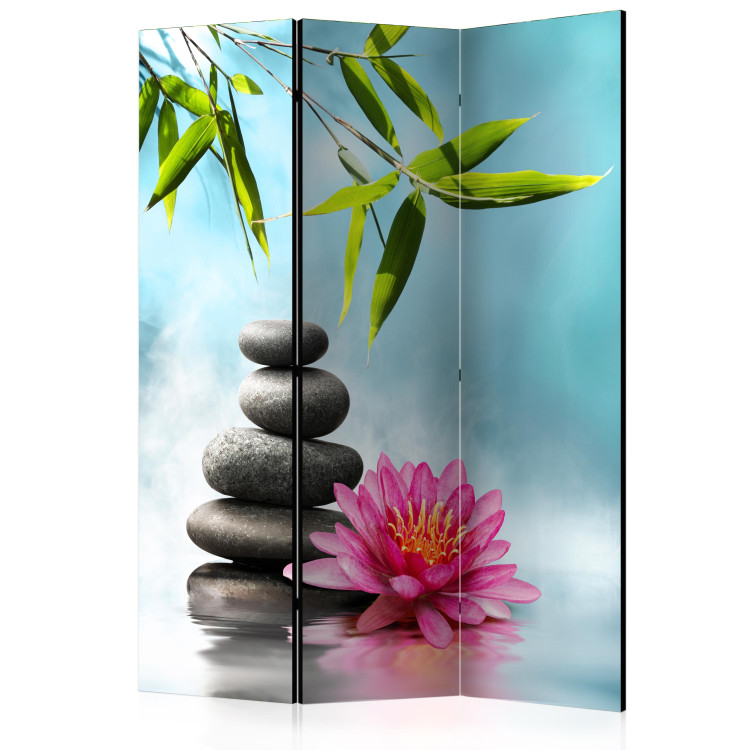 Folding Screen Water Lily and Spa Stones - gray stones and flower on blue background 97358