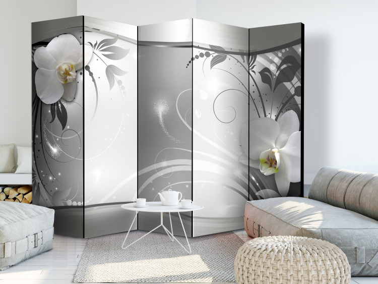 Room Divider Screen Silver Abstraction II - orchid flowers on a silver background with ornaments 107968 additionalImage 2