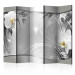 Room Divider Screen Silver Abstraction II - orchid flowers on a silver background with ornaments 107968