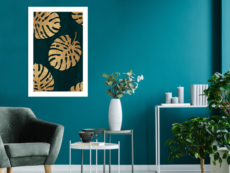 Wall Poster Golden Luxury Leaves - glamorous composition in emerald background and plants 117568 additionalImage 2