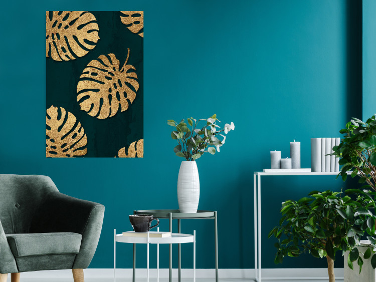 Wall Poster Golden Luxury Leaves - glamorous composition in emerald background and plants 117568 additionalImage 14