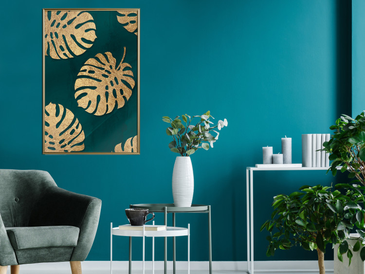 Wall Poster Golden Luxury Leaves - glamorous composition in emerald background and plants 117568 additionalImage 5