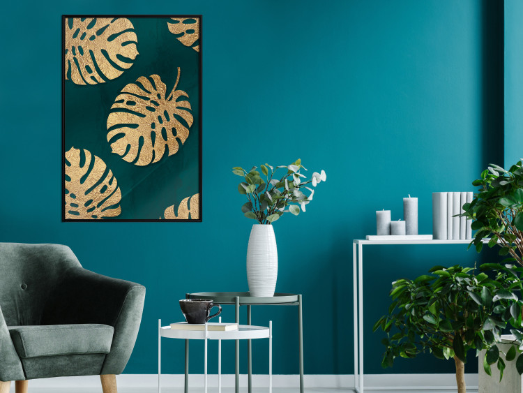 Wall Poster Golden Luxury Leaves - glamorous composition in emerald background and plants 117568 additionalImage 3