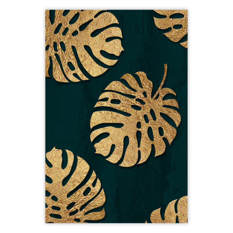 Wall Poster Golden Luxury Leaves - glamorous composition in emerald background and plants 117568