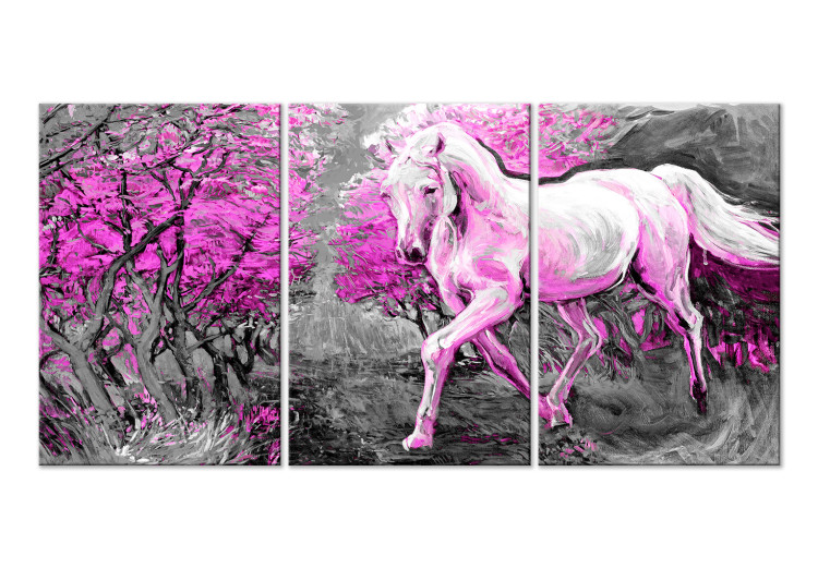 Canvas Print Pink horse in gallop - graphic with a running horse between the trees 123068