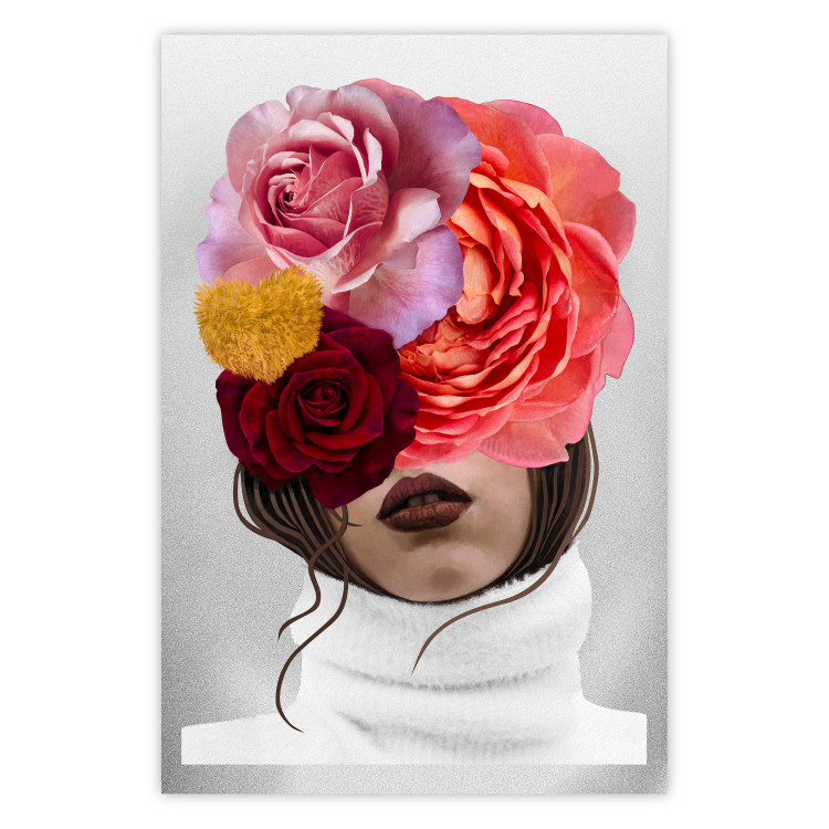 Wall Poster White Sweater - abstract woman with colorful flowers on light background 127868