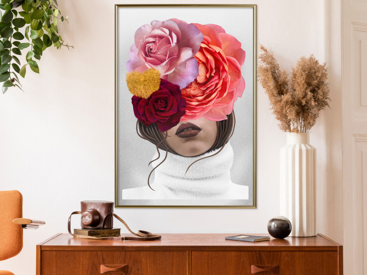 Wall Poster White Sweater - abstract woman with colorful flowers on light background 127868 additionalImage 5