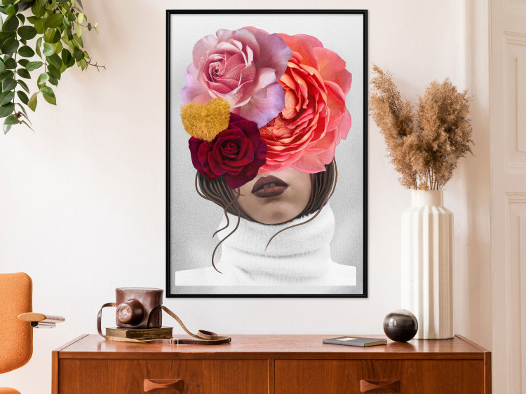 Wall Poster White Sweater - abstract woman with colorful flowers on light background 127868 additionalImage 14