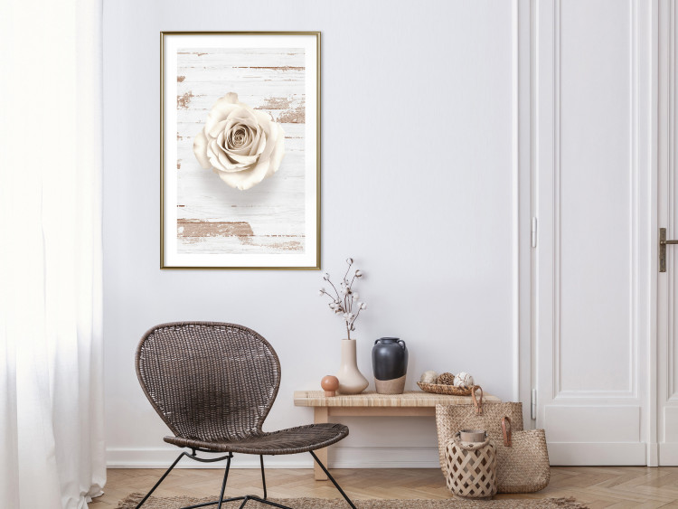 Poster Pastel Whirl - white rose flower on background of light wooden planks 128068 additionalImage 15