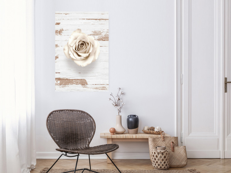 Poster Pastel Whirl - white rose flower on background of light wooden planks 128068 additionalImage 2