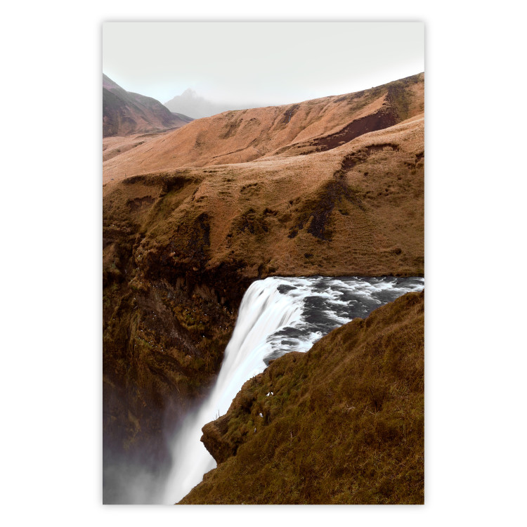 Poster Rusty Hills - landscape of a river forming a waterfall against brown mountains 130268