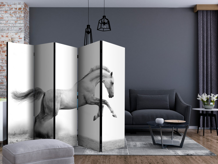 Room Divider White Gallop II (5-piece) - black and white frame with a horse on sand 132568 additionalImage 4