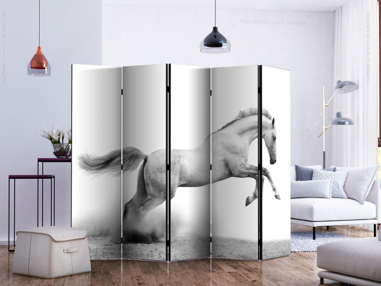 Room Divider White Gallop II (5-piece) - black and white frame with a horse on sand 132568 additionalImage 2