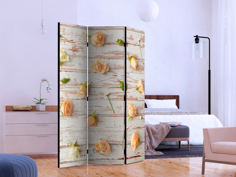 Room Divider Screen Wood and Roses (3-piece) - composition with flowers on a background of white boards 133468 additionalImage 2