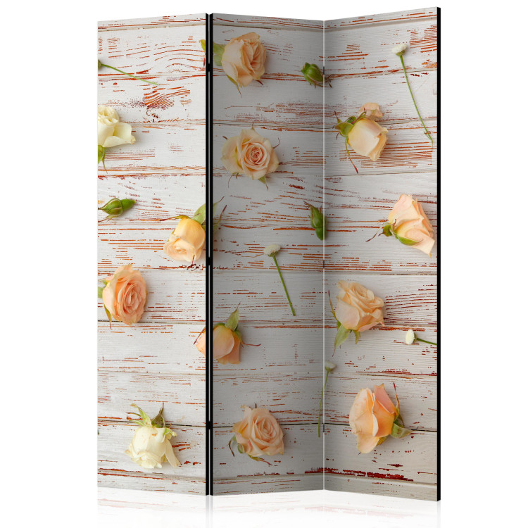Room Divider Screen Wood and Roses (3-piece) - composition with flowers on a background of white boards 133468