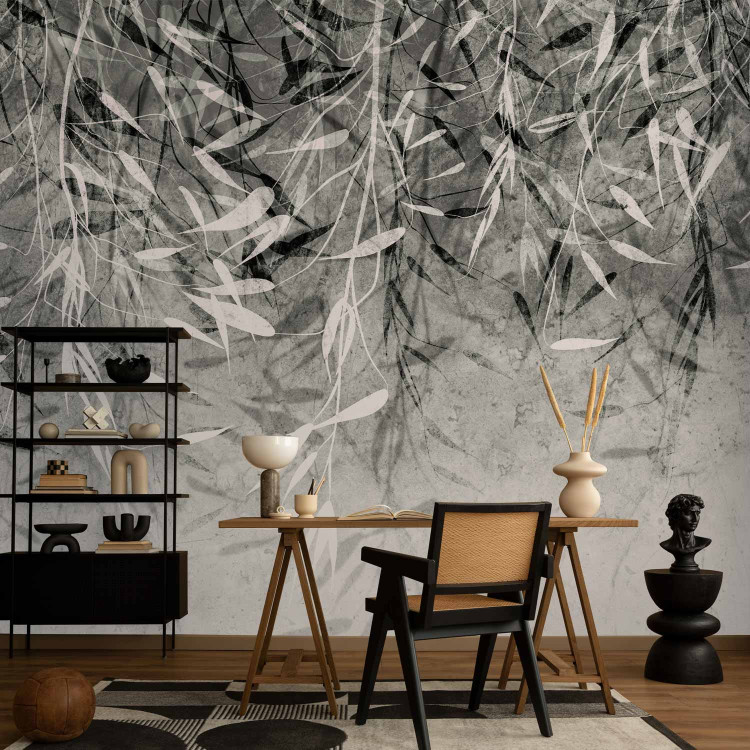 Wall Mural Plant Waterfall - Leaves Casting Shadow on Stone Background - Grey 148568 additionalImage 4