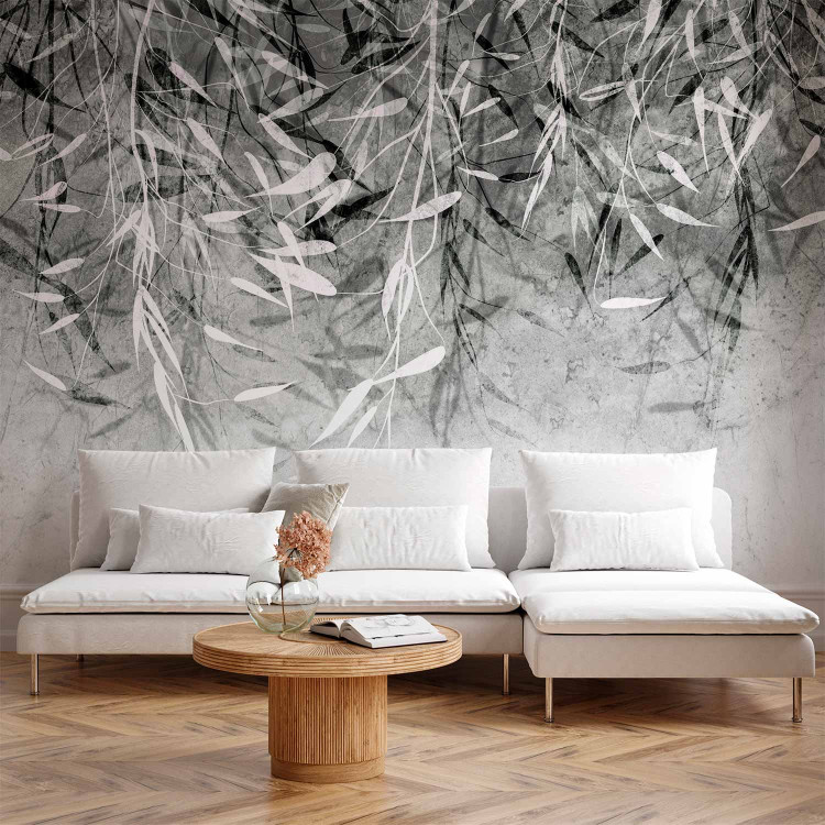 Wall Mural Plant Waterfall - Leaves Casting Shadow on Stone Background - Grey 148568