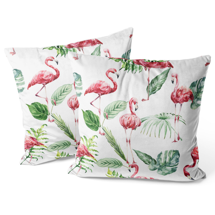 Decorative Velor Pillow Flamingo Poses - Composition With Pink Animals and Leaves 151368 additionalImage 2