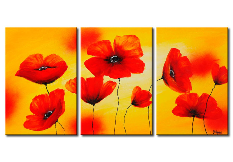 Canvas Art Print Poppies (3-piece) - floral motif of red flowers on a yellow background 47168