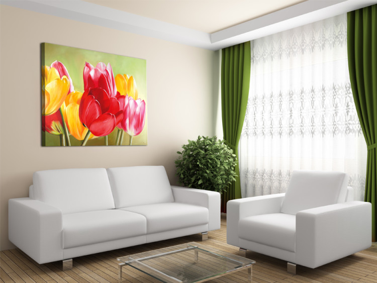Canvas Freshness of Tulips (1-piece) - Colourful flowers on a green background 48668 additionalImage 2