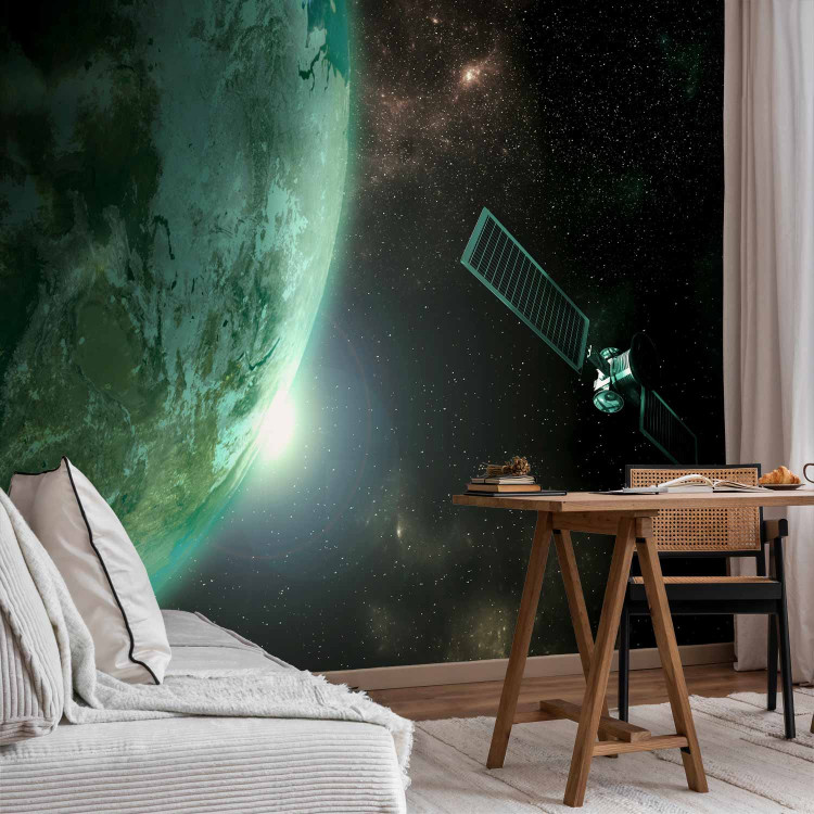 Wall Mural Universe - cosmic landscape with stars, green Earth, and a satellite 64568 additionalImage 4
