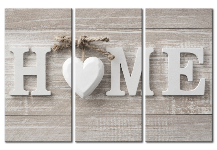 Canvas Art Print Home Comfort (3-part) - wooden white writing in retro style 94268