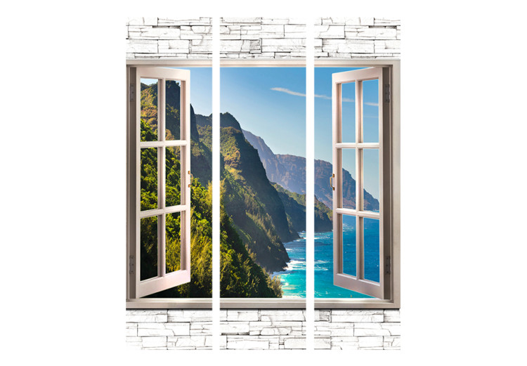 Room Divider Screen Seaside Hills - stone texture window with a view of mountains and sea 95968 additionalImage 3