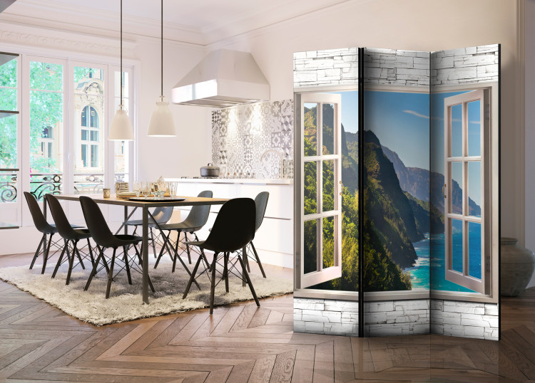 Room Divider Screen Seaside Hills - stone texture window with a view of mountains and sea 95968 additionalImage 2