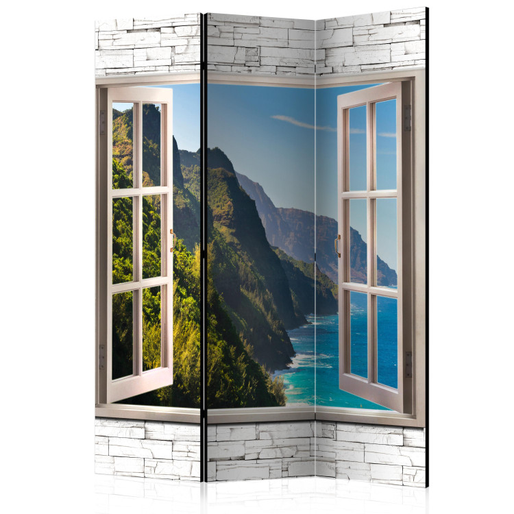 Room Divider Screen Seaside Hills - stone texture window with a view of mountains and sea 95968
