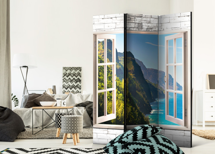 Room Divider Screen Seaside Hills - stone texture window with a view of mountains and sea 95968 additionalImage 4