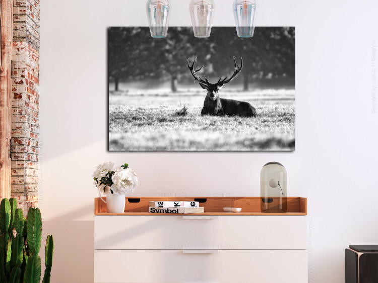 Canvas Print Lying Deer (1-piece) - Scandinavian Landscape with Stag in Field 106078 additionalImage 3