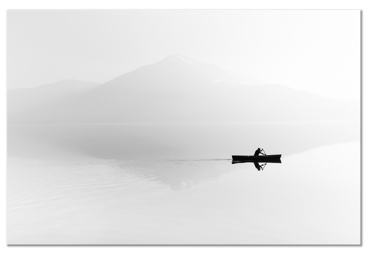 Canvas Art Print Outline of Mountains in Mist (1-part) - Boat Against White Landscape 117578