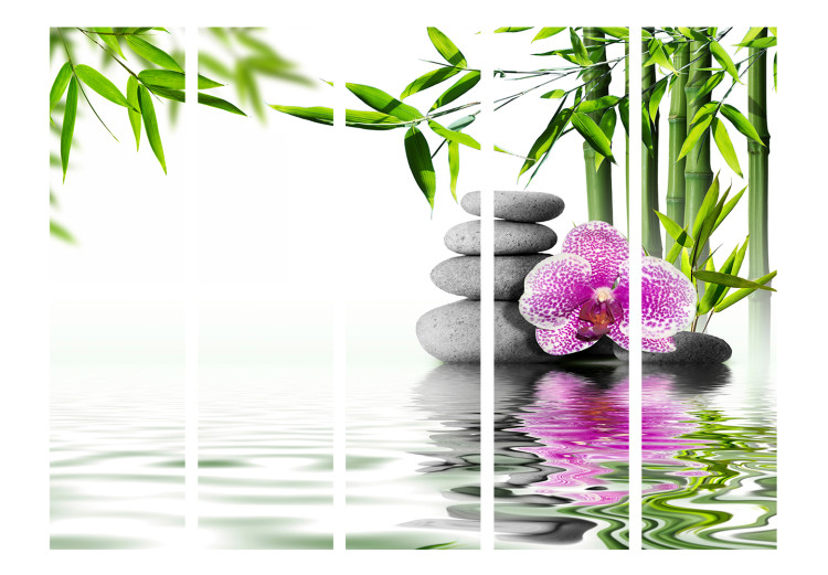 Room Separator Water Garden II - stones and pink flower against a bamboo background in a Zen motif 122678 additionalImage 3