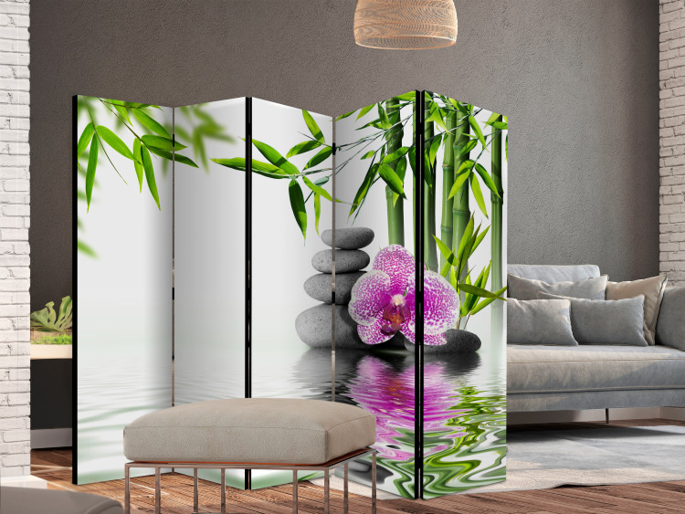 Room Separator Water Garden II - stones and pink flower against a bamboo background in a Zen motif 122678 additionalImage 4