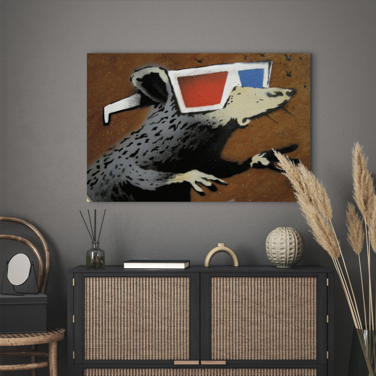 Canvas Art Print Rat in 3D Glasses (Banksy) - street art of a whimsical animal 132478 additionalImage 3