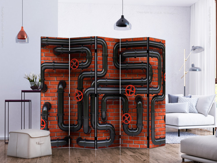 Room Divider Goblin King II (5-piece) - metal pipes and red bricks in the background 133478 additionalImage 2