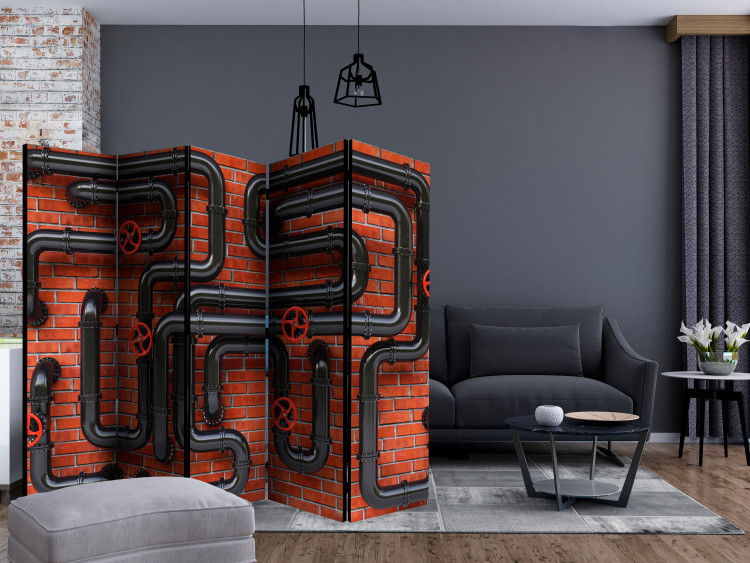 Room Divider Goblin King II (5-piece) - metal pipes and red bricks in the background 133478 additionalImage 4