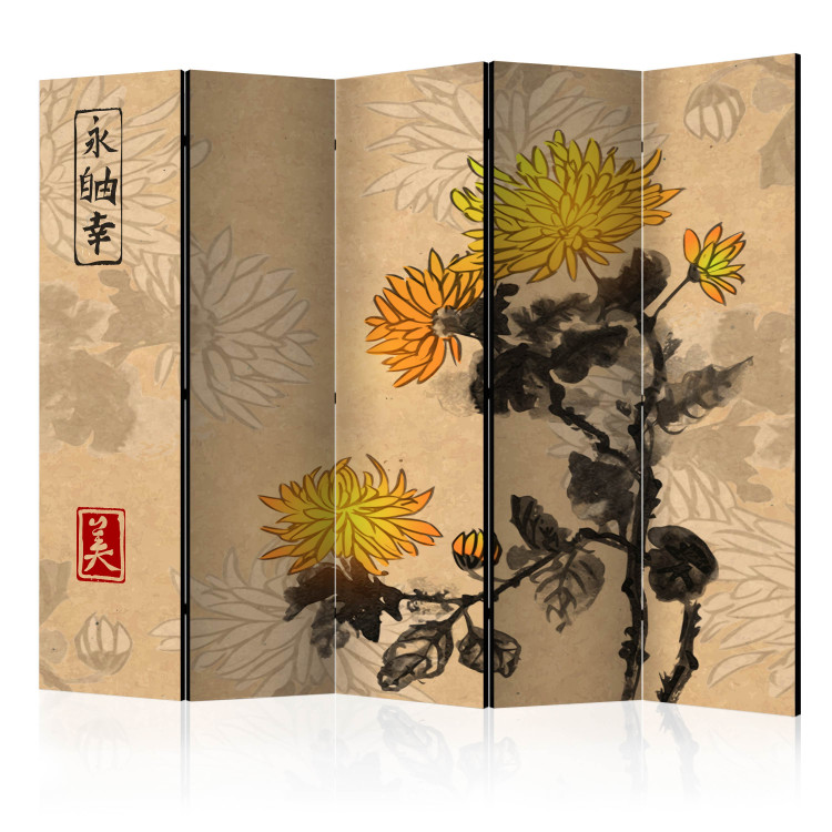 Room Divider Screen Chrysanthemums II (5-piece) - romantic flowers with a paper background 134278
