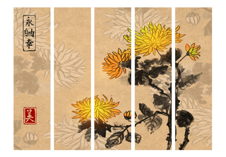 Room Divider Screen Chrysanthemums II (5-piece) - romantic flowers with a paper background 134278 additionalImage 3
