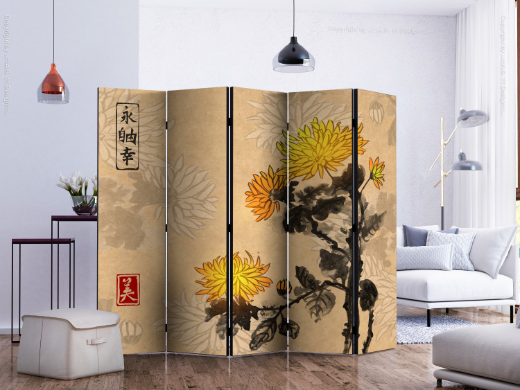 Room Divider Screen Chrysanthemums II (5-piece) - romantic flowers with a paper background 134278 additionalImage 2