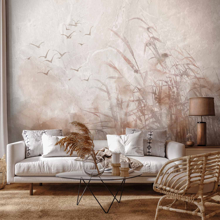 Photo Wallpaper Minimalist landscape with birds - plant motif on beige background 138178