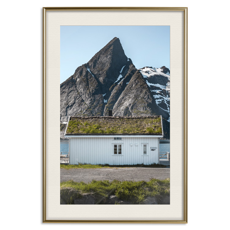 Wall Poster Cottage under the Rock - landscape of a cottage against a lake and a large gray mountain 138778 additionalImage 25
