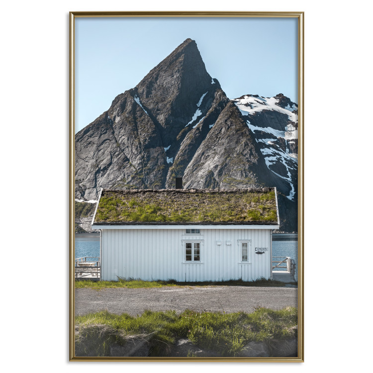 Wall Poster Cottage under the Rock - landscape of a cottage against a lake and a large gray mountain 138778 additionalImage 27