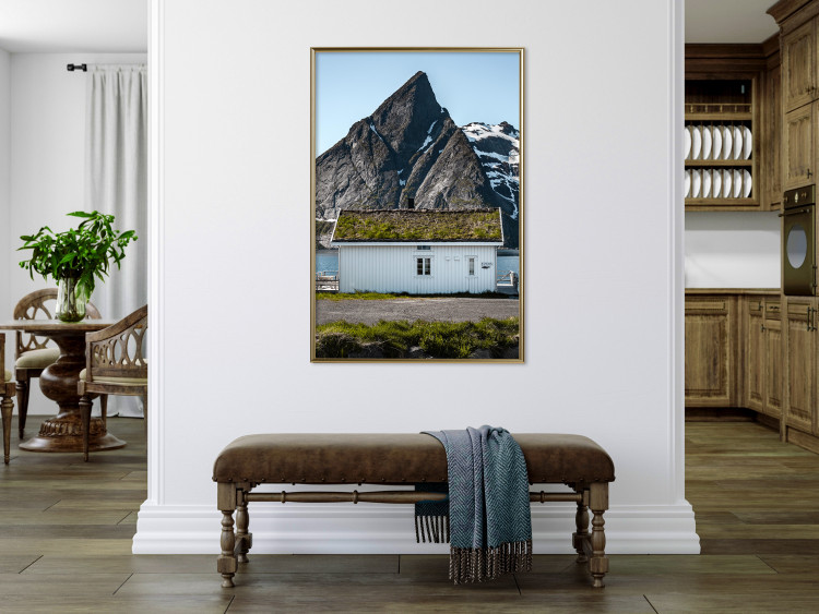 Wall Poster Cottage under the Rock - landscape of a cottage against a lake and a large gray mountain 138778 additionalImage 18