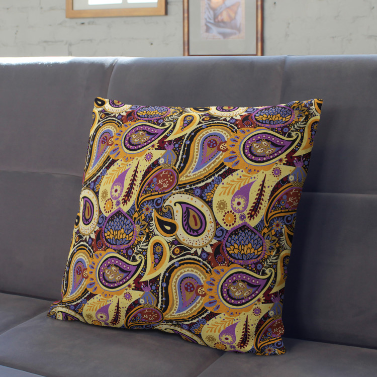 Decorative Microfiber Pillow Peacock eyes - motif in shades of orange, purple and brown cushions 146978 additionalImage 3